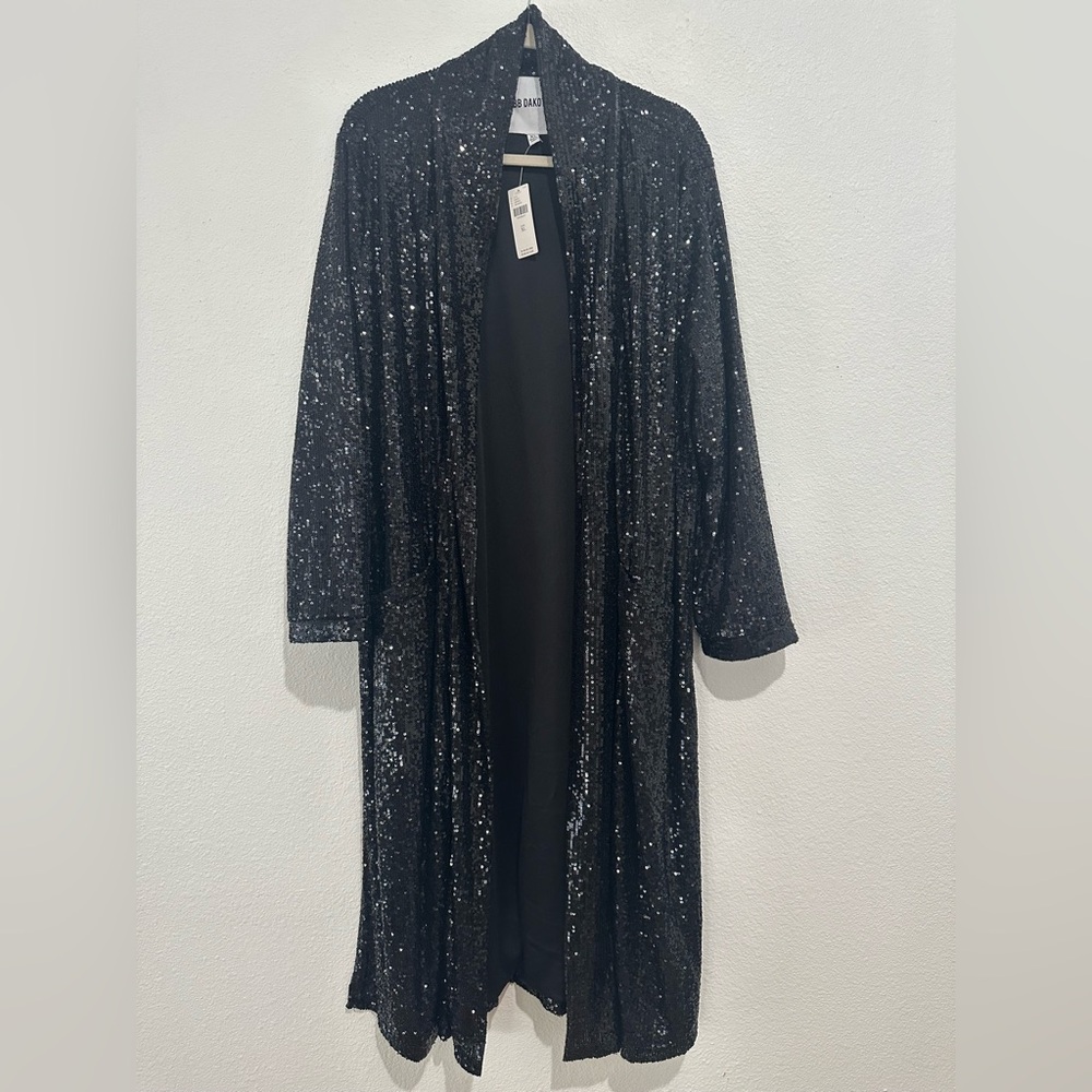 NEW! Gorgeous black BB DAKOTA sequin open front side split kimono cardigan, XL